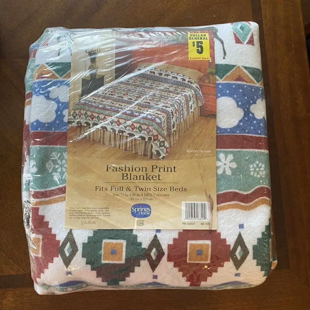 NEW Vintage Aztec Blanket Twin Full Snow Trees Bears Deer Outdoor 72x90” USA spr